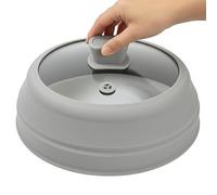 Microwave Splatter Cover 9 Inch, Collapsible Cookware Lid with Handle | Silicone and Tempered Glass, Heat Resistant Handle, 1 Steam Hole, Machine Washable, Easy to Store for Home Kitchen, Grey