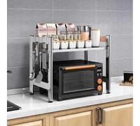 Microwave Stand - Adjustable 2-Tier Stainless Steel Kitchen Rack with Hooks, Expandable Organizer Shelf, Space-Saving Solution for Countertop