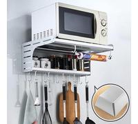 Microwave Wall Bracket, Kitchen Shelf, Microwave Shelf, Wall Mounted Microwave Oven Shelf, with 6 Hooks, Silver