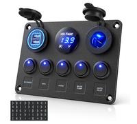 MICTUNING IP65 Waterproof 12V/24V Switch Panel, 5 Gang Rocker Switch Panel with LED light Toggle Switch Panel with Dual USB Charger Digital Voltmeter Cigarette Lighter Socket for Car Trunk Boat
