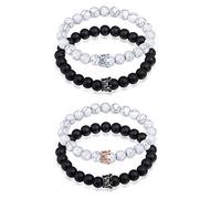 MicVivien 2 Pieces King Queen Crown Couple Distance Bracelet His Her Friendship 8mm Beads Bracelet Black Matte Agate & White Howlite