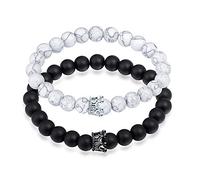 MicVivien 2 Pieces King Queen Crown Couple Distance Bracelet His Her Friendship 8mm Beads Bracelet Black Matte Agate & White Howlite