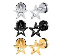 MicVivien 3 Pairs Mens Star Earrings, Stainless Steel Pentagram Stud Earrings Black/Silver/Gold, Hypoallergenic Star Studs with Screw Back, Punk Piercing Ear Jewellery for Men Women