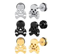 MicVivien 3 Pairs Screw Back Skull Stud Earrings Set - Hypoallergenic 16Gauge Punk Rock Stainless Steel Earrings for Men & Women