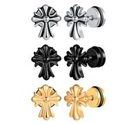 MicVivien 3 Pairs Stainless Steel Cross Earrings for Men Women, Retro Punk Stud Earrings with Screw Back, Hypoallergenic Silver/Gold/Black Cross Earrings for Daily Wear Unisex