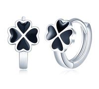 MicVivien Clover Silver Hoop Earrings for Women, 925 Sterling Silver Four-leaf Clover Small Hoop Earrings with Black Enamel, Hypoallergenic Mini Cartilage Sleeper Huggie Hoop Earrings