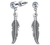 MicVivien Feather Dangle Earrings for Men Women Stainless Steel Round CZ Screw Studs with Drop Feather Earrings Piercing Jewellery 16 Guage