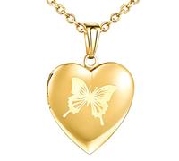 MicVivien Golden Personalized Heart Locket Picture Necklace Stainless Steel Memory Photo Heart Pendant Necklace with Butterfly/Tree of Life/Plain Pattern