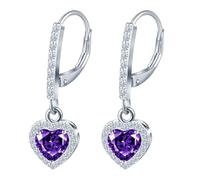 MicVivien Heart Earrings Drop CZ Dangle Purple Ear Jewellery Silver for Women, Leverback, Heart Shape Cut Gemstone Zirconia, Pierced Halo Elegant Earrings Hypoallergenic