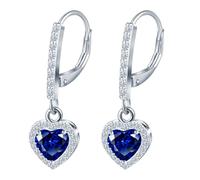 MicVivien Heart Earrings Drop Sapphire Ear Jewellery Silver for Women, Leverback Pierced Dangly Earrings with Heart Shape Gemstone CZ Halo, Hypoallergenic
