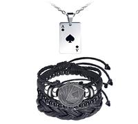 MicVivien Men's Poker Bracelet Necklace, 3pcs Bracelets Set Biker Playing Card Poker Leather Bangle Wrap Cuff Bracelet, Stainless Steel Poker Ace Pendant Necklace Jewellery for Men Father Friends