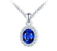 MicVivien Oval Pendant Halo CZ Sapphire Necklace Silver 925 for Women, Chain with Gemstone September Jewellery Elegant 17.72Inch
