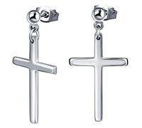 MicVivien Religious Cross Drop Dangle Stud Earrings Stainless Steel Ball Studs with Hanging Chain Cross Earrings for Men Women