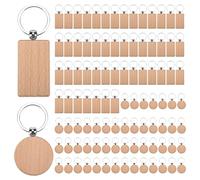 Micvtve 100Pcs DIY Blank Wooden Key Chain Heart Round Ellipse Carving Key Ring Wood Key Chain Ring