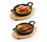 Micvtve 2 Set Cast Iron Skillet with 2 Handles, Small Cast Iron Plates Skillet with Wooden Serving Board, Round Ironed Oven Pan, Mini Gratin Casserole Cookware for Kitchen Baking Cooking Frying, 16 cm