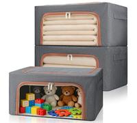 Micvtve 3 Pack Clothes Storage Boxes, Folding Stackable Fabric Home Storage Boxes with Steel Frames for Storing Bedding,Blankets 24L (Grey)