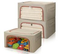 Micvtve 3 Pack Clothes Storage Boxes, Folding Stackable Fabric Home Storage Boxes with Steel Frames for Storing Bedding,Blankets 24L (Khaki)