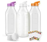 Micvtve 3 PCS 32 oz Empty Glass Milk Bottles with Silicone Dispenser Cap, Clear Water Bottles with Leak Proof Lid and Scale Mark, Reusable Glass Jars for Juice, Milk, Iced Tea