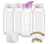 Micvtve 4 pcs 16 Oz Square Glass Milk Bottles with A Silicone Cover, Glass Bottles for Juicing with 4 Airtight Lids,Lids and Scale Mark, Breast Milk Storage Jug