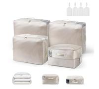 Micvtve 4 Pcs Comforter Storage Bag Blanket Storage Organizer Compression Bags, Large Capacity Ultra Space Saving Self Compression Organize for Bedding, Sheet Storage with Zipper Window (Beige)