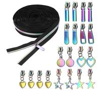 Micvtve #5 Rainbow Zipper Tape by The Yard 10 Yards Rainbow Teeth Nylon Zipper with 20 Pcs Colorful Metal Slider Pulls (10 Styles) for DIY Sewing Tailor (Black)