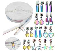 Micvtve #5 Rainbow Zipper Tape by The Yard 10 Yards Rainbow Teeth Nylon Zipper with 20 Pcs Colorful Metal Slider Pulls (10 Styles) for DIY Sewing Tailor (White)