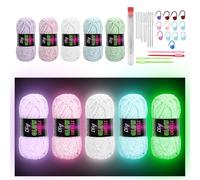 Micvtve 5 Roll Glow in The Dark Yarn 4x50g(70m/Skein) Crochet Yarn Glow Set with 9 Weaving Needles 12 Locking Knitting Markers 4 Crochet Hooks Fingering Sewing Supplies