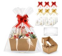 Micvtve 6 Set Large Gift Basket Hamper Kit, 32 x 25 x 15CM Empty Hamper Basket with Cellophane Bags, Pull Bows and Greeting Cards, Create Your Own Gift Baskets for Wedding Birthday Christmas Val