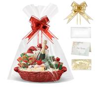 Micvtve Gift Basket Hamper Kit,Wicker Gift Hamper Oval Basket Kit with Bows Cellophane Bags Greeting Cards Shredded Paper and Empty Gift Basket Use For Birthday Wedding Easter Gift-Red