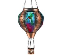 Micvtve Glass Hot Air Balloon Solar Lanterns with Flickering Flame, Hanging Light Outdoor Waterproof with Shepherd's Hooks for Garden Yard Decor, 20" H Colorful (Hummingbirds)