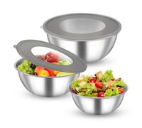 Micvtve Mixing Bowl Set of 3, Stainless Steel Nesting Salad Bowl with Airtight Transparent Lid, Mixing Bowls for Baking, Salad Bowl for Kitchen Mixing, Serving, Baking & Food Storage, 17/19/21cm