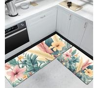 Mid-20Th Century Kitchen Mat Sets Non slip Washable, Tropical Plants And Flowers Kitchen Rugs, Yellow kitchen carpets for Hallway Laundry Home Decoration 43x75cm+43x120cm