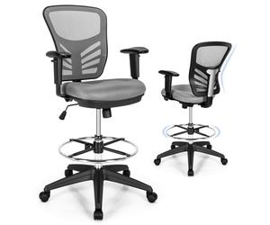 Mid-Back Tall Drafting Chair Mesh Back Clerk Stool with Armrests-Grey