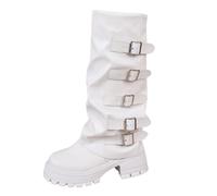 Mid Calf Biker Boots For Women Leather Fold Over Boot | Ladies Anti-Slip Walking Boot With Arch Support Buckle Straps,Retro Punk Platform Goth Shoes For Outdoors Hiking Biker Wear