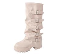 Mid Calf Biker Boots For Women Leather Fold Over Boot | Ladies Anti-Slip Walking Boot With Arch Support Buckle Straps,Retro Punk Platform Goth Shoes For Outdoors Hiking Biker Wear