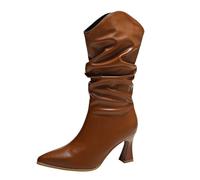 Mid Calf Boots for Woman Cowl Faux Leather High Heels Pull on Boot Pointed Toe V Neck Pleated Pile Sexy Dress Booties Formal Elegant Solid Colour Wedding Cocktail Dating Shoes Brown