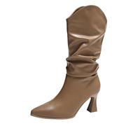 Mid Calf Boots for Woman Cowl Faux Leather High Heels Pull on Boot Pointed Toe V Neck Pleated Pile Sexy Dress Booties Formal Elegant Solid Colour Wedding Cocktail Dating Shoes Khaki