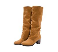 Mid Calf Boots For Women Block Heel Faux Suede Boots Pull-On Long Knee High Boot Fold Over Pointed Toe Footwear Mid Thick Heeled Shoes Slouchy Comfortable Autumn Winter Casual Boot