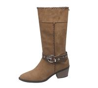 Mid Calf Boots for Women UK Retro Chunky Booties 2025 Fall/Winter Thick Heel Buckle Strap British Booties Casual Above The Knee Long Flat for Women Mid Calf (Brown, 5)