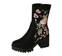 Mid Calf Boots for Women UK Wide Fit Suede Ladies Pull on Dress Booties Embroidered Printed High Heel Short Booties Autumn Winter Bottom Locomotive Retro Thick Bottom Boots Warm Shoes for Women Black