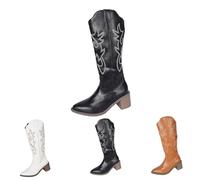 Mid Calf Boots Size 5.5 Women's Western Cowboy Boots Chunky High Heeled Roman Pointed Toe Embroidery Stitched Comfort Pull On Pu Leather Country Riding Western Wedding Shoes Black