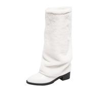 Mid-Calf Boots Winter Fashion Faux Fur Lining Slip On Comfortable Warm Casual Boots with Non-Slip Sole for Daily Wear, White, 7 UK