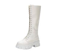 Mid Calf Boots Women, Horse Riding Boots, Fashion Solid Color British Style Lace-Up Waterproof Booties Casual Faux Leather Evening Party Shoes