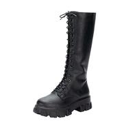 Mid Calf Boots Women, Horse Riding Boots, Fashion Solid Color British Style Lace-Up Waterproof Booties Casual Faux Leather Evening Party Shoes
