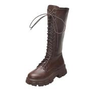 Mid Calf Boots Women, Horse Riding Boots, Fashion Solid Color British Style Lace-Up Waterproof Booties Casual Faux Leather Evening Party Shoes