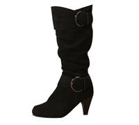 Mid Calf Boots Women: Ruched Low Kitten Heel Pull On Slouch Boots Cowgirl Boots Suede Knee High Boots Wide Fit With Block Heel Motorcycle Combat Boots Retro Winter Warm Snow Boots