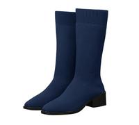 Mid Calf Boots Women Size 7.5 Chunky Block Low Heel Knit Stretch Narrow Calf Sock Boot Calf Length Boots Dark Blue 2026 Footwear