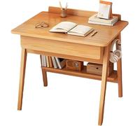 Mid-Century Arm Chair Writing Desk - Solid Wood, 2 Drawers, Shelves & Hooks, Compact Home Office Workstation for Small Spaces