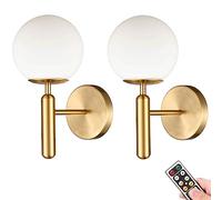 Mid Century Battery Operated Wall Sconces Set of 2, Not Hardwired Wall Lights, White Glass Globe Wall Lamps, Wireless Fixture for Bedroom, Bathroom, Living /Dining Room, Vanity, Hallway, Stairs ( Colo
