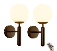 Mid Century Battery Operated Wall Sconces Set of 2, Not Hardwired Wall Lights, White Glass Globe Wall Lamps, Wireless Fixture for Bedroom, Bathroom, Living /Dining Room, Vanity, Hallway, Stairs ( Colo